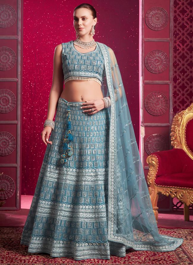 Premium Net Blue Bridal Wear Sequins Work Lehenga Choli